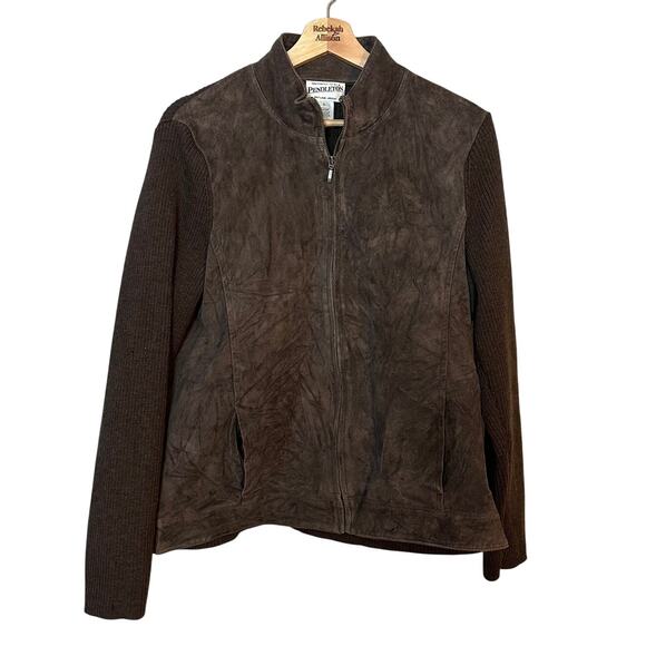 Pendleton Jackets & Blazers - Pendleton Brown Leather & Merino Wool Jacket SZ LARGE Full Zip Knit Classic Coat